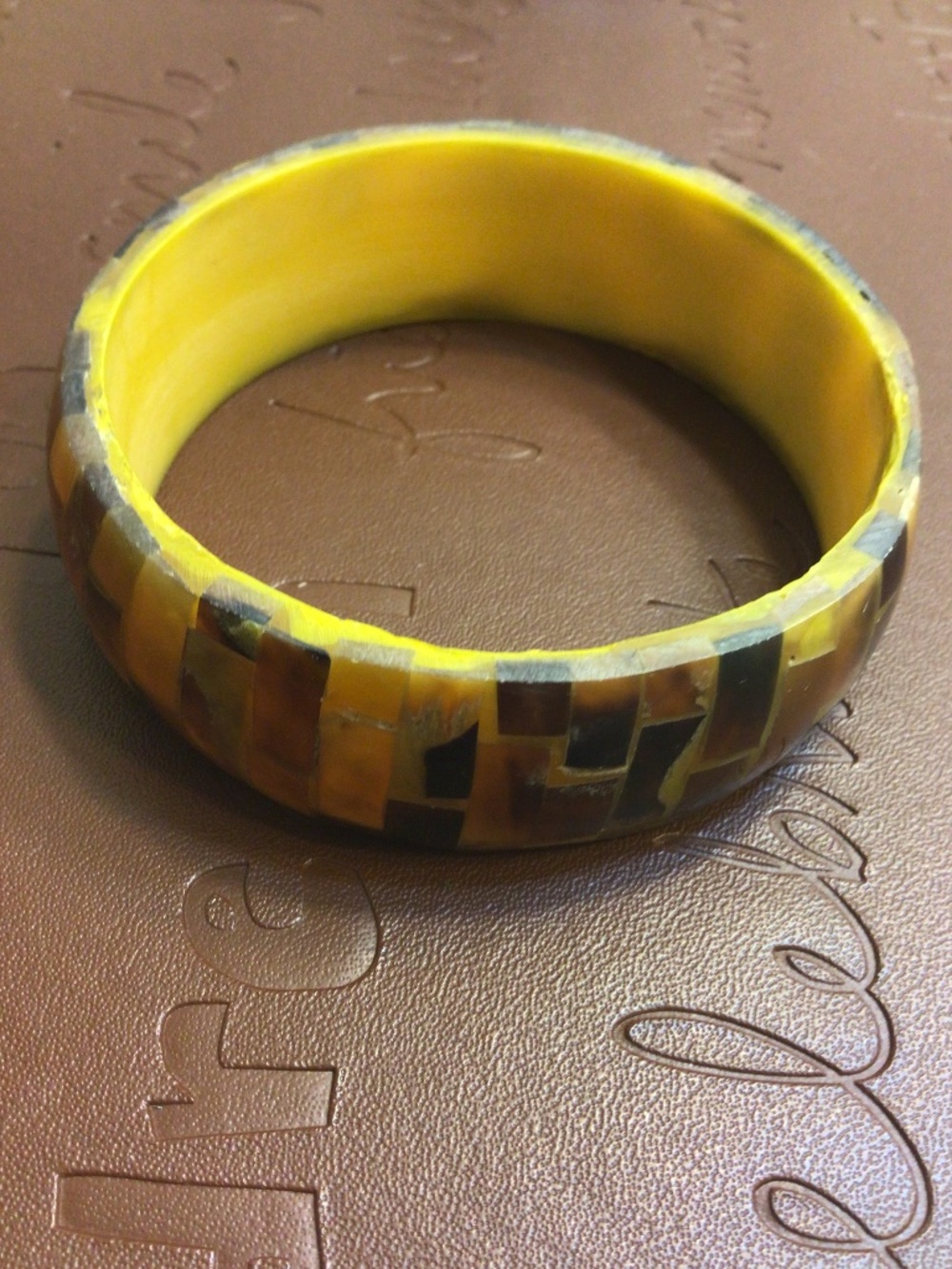 Vintage Mosaic Inlay Bangle Bracelet Patchwork Brown Butterscotch Tortoise